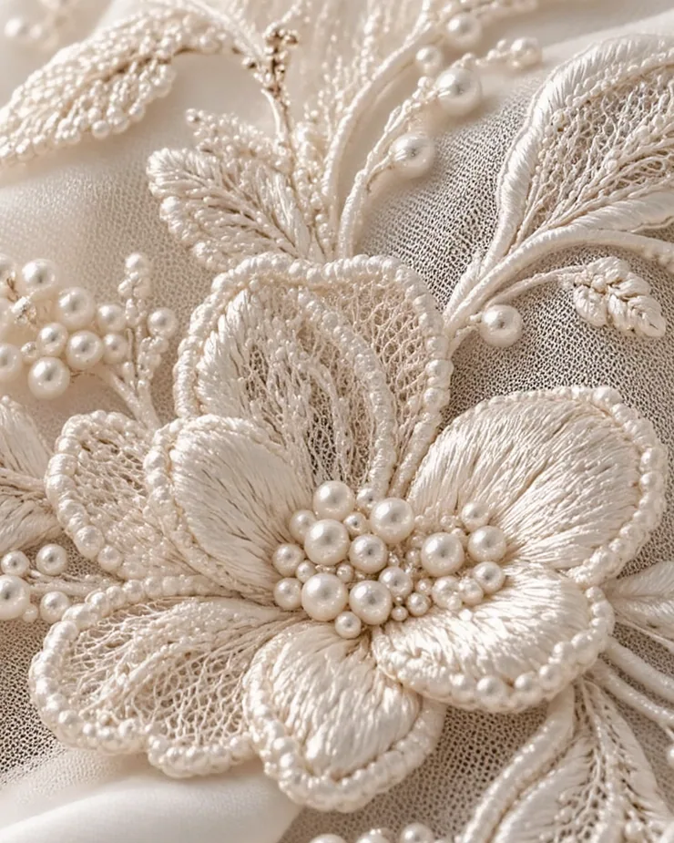 Material study: raised ivory floral embroidery set with pearls