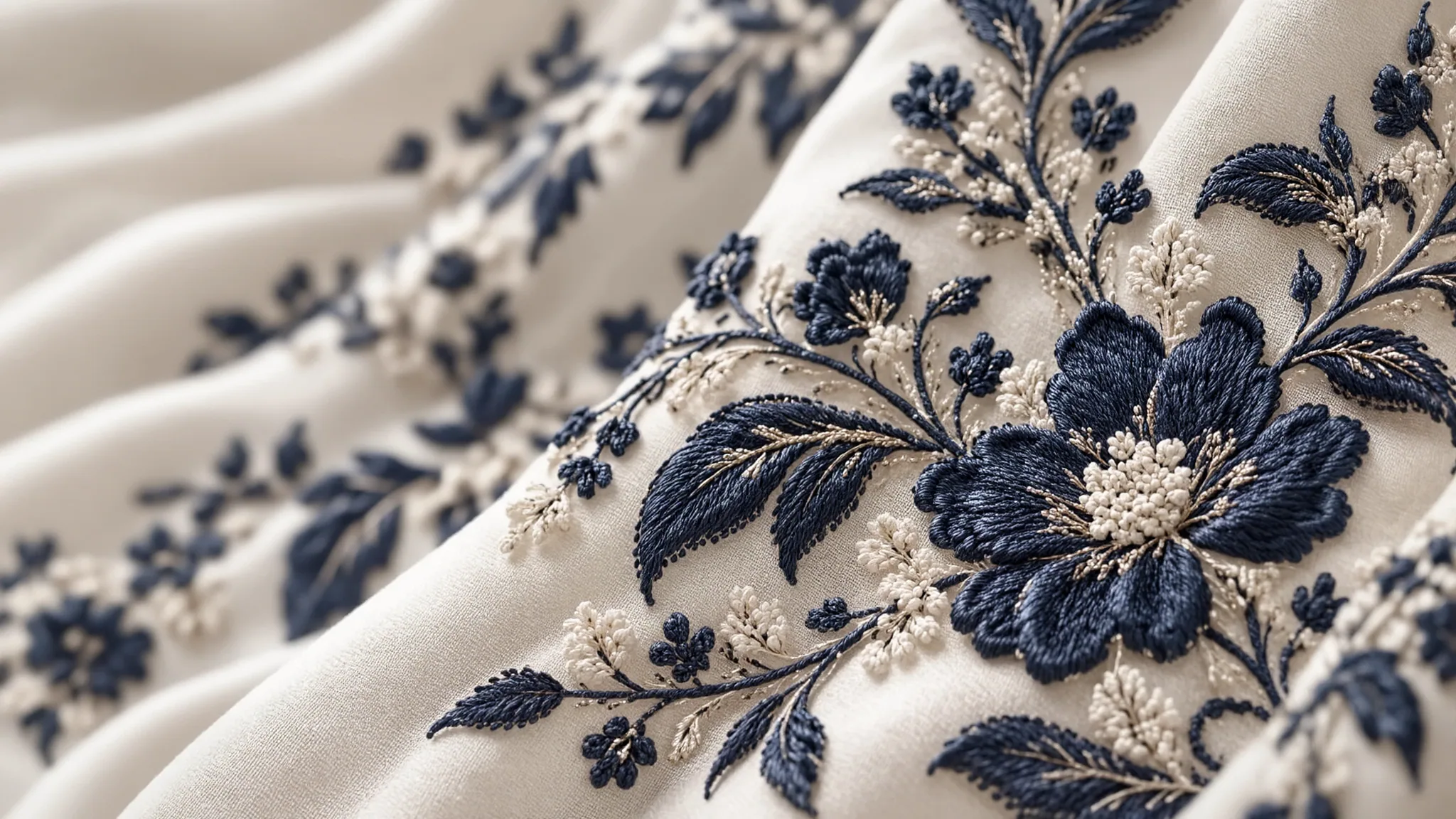 Material study: navy floral embroidery on an ivory ground