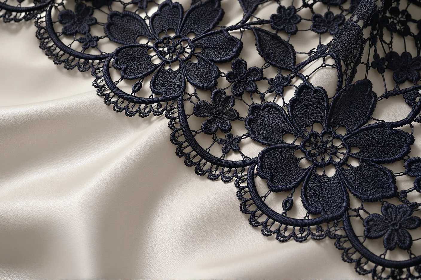 Material study: navy guipure with a scalloped edge on ivory silk satin, its motifs joined only by fine bars
