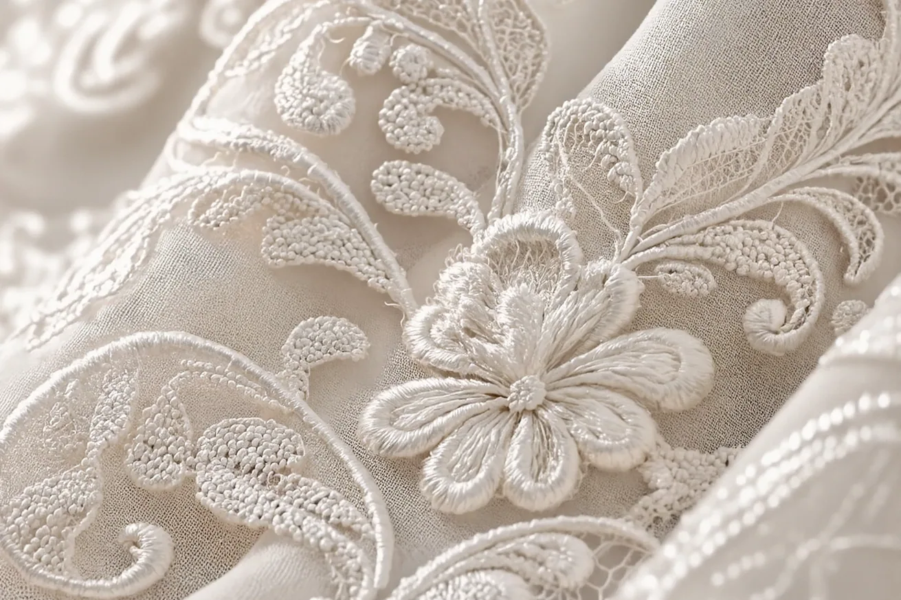 Material study: raised ivory machine-embroidery on a sheer ground