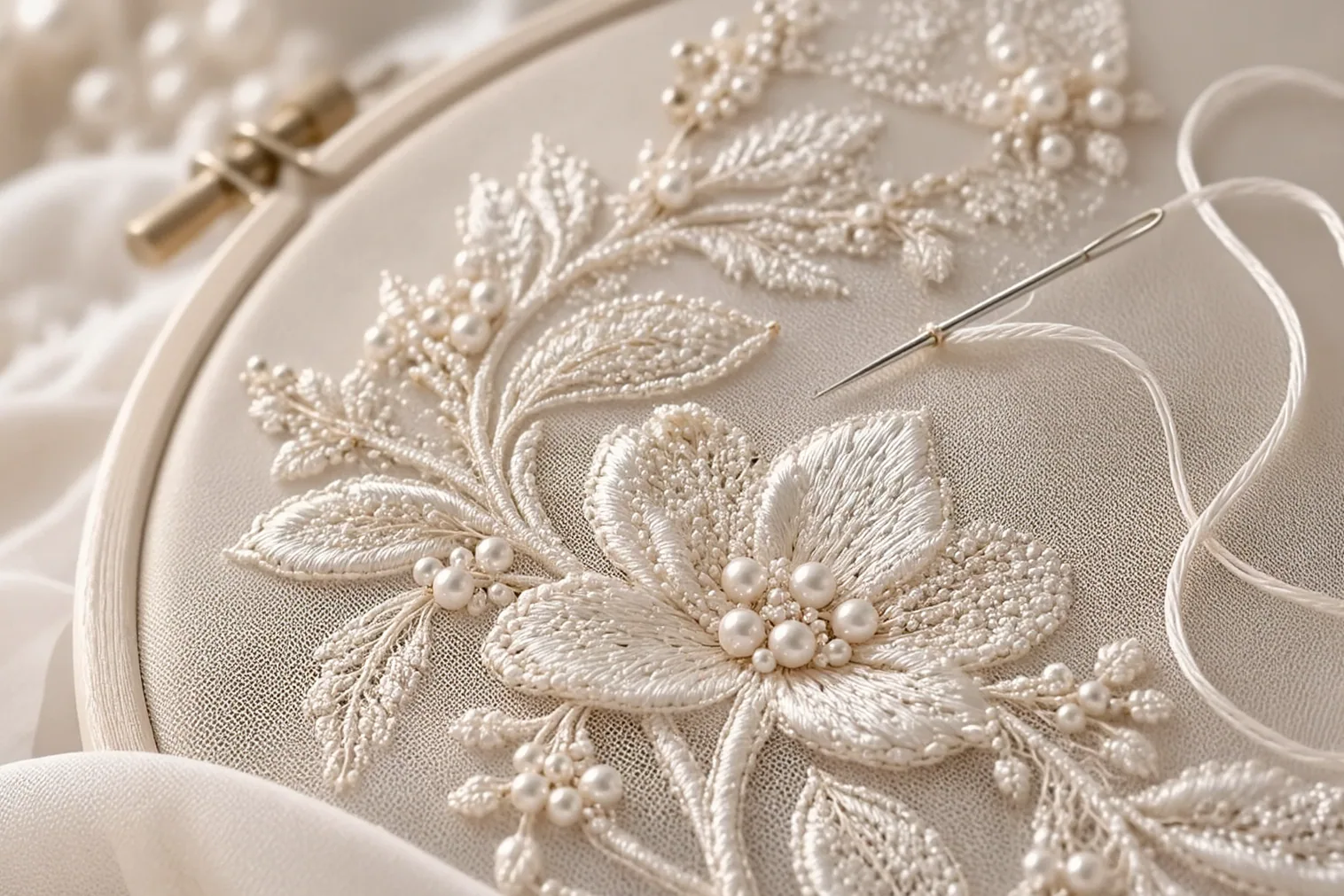 Material study: floral hand-embroidery with pearls in progress on a hoop, needle and thread resting on the ground